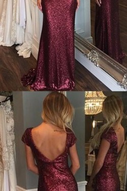 Long Grape Purple Sequin Bridesmaid Dresses with Cap Sleeves 902463