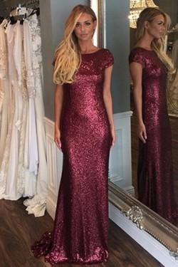 Long Grape Purple Sequin Bridesmaid Dresses with Cap Sleeves 902463