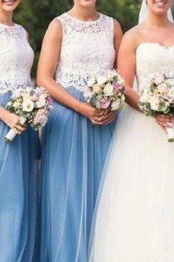 Long Blue Tulle White Lace Bridesmaid Dresses 902469