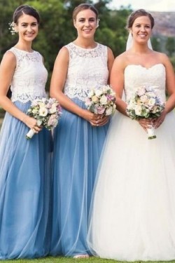 Long Blue Tulle White Lace Bridesmaid Dresses 902469