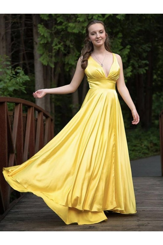 Long Yellow V Neck Bridesmaid Dresses 902477