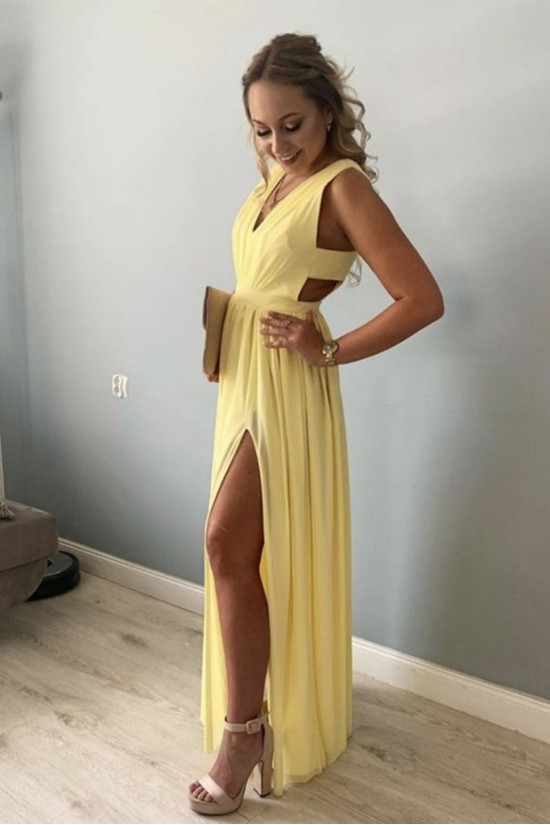 Long Yellow Chiffon V Neck Floor Length Bridesmaid Dresses 902480