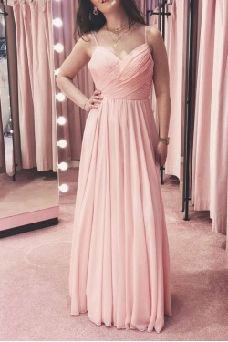 Long Pink Chiffon Spaghetti Straps Bridesmaid Dresses 902481