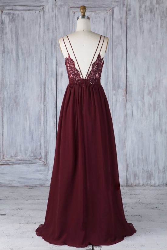 Long Grape Purple Chiffon Lace Spaghetti Straps Bridesmaid Dresses 902482
