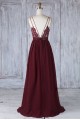 Long Grape Purple Chiffon Lace Spaghetti Straps Bridesmaid Dresses 902482