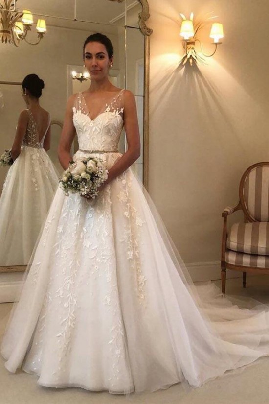 Elegant A-Line Lace Long Wedding Dresses Bridal Gowns 903029