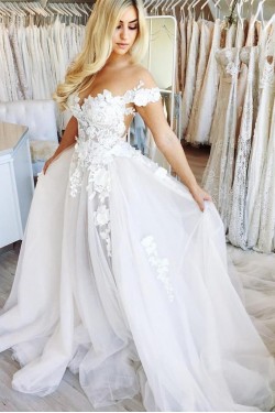 A-Line Lace Off the Shoulder Wedding Dresses Bridal Gowns 903035