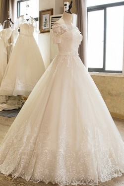 A-Line Off the Shoulder Lace Wedding Dresses Bridal Gowns with Short Sleeves 903040