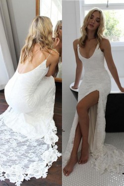 Spaghetti Straps V Neck Lace Wedding Dresses Bridal Gowns 903056