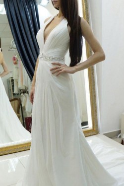 Long Halter Beaded V Neck Chiffon Wedding Dresses Bridal Gowns 903059