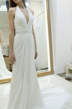 Long Halter Beaded V Neck Chiffon Wedding Dresses Bridal Gowns 903059