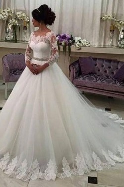 A-Line Lace Wedding Dresses Bridal Gowns with Long Sleeves 903063