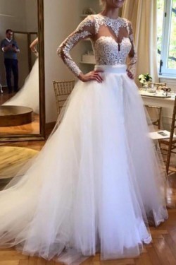 A-Line Lace and Tulle Wedding Dresses Bridal Gowns with Long Sleeves 903064