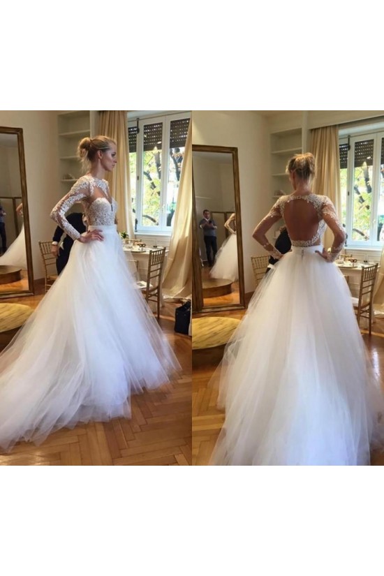 A-Line Lace and Tulle Wedding Dresses Bridal Gowns with Long Sleeves 903064