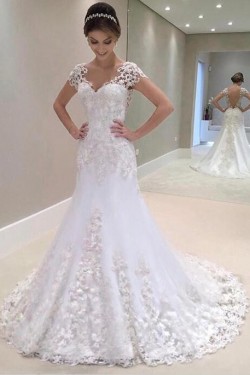 A-Line V Neck Lace Long Wedding Dresses Bridal Gowns 903066