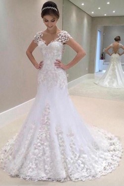 A-Line V Neck Lace Long Wedding Dresses Bridal Gowns 903066