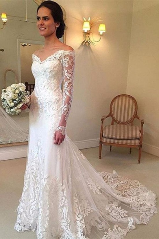 Elegant Mermaid Lace Wedding Dresses Bridal Gowns with Long Sleeves 903070