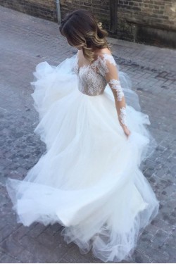 A-Line Lace and Tulle Long Wedding Dresses Bridal Gowns 903079