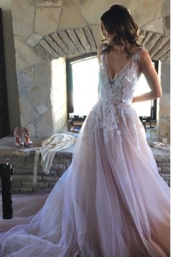 A-Line Lace V Neck Wedding Dresses Bridal Gowns 903081
