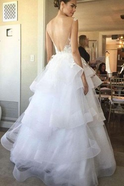 A-Line Lace and Tulle V Neck Wedding Dresses Bridal Gowns 903093