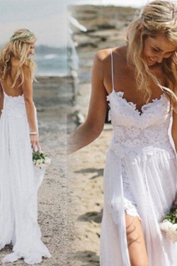 Long Chiffon and Lace Spaghetti Straps Wedding Dresses Bridal Gowns 903096
