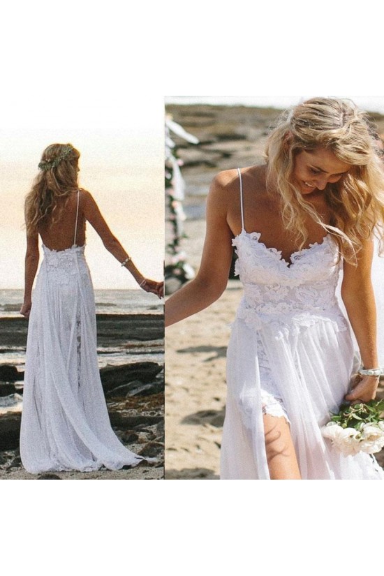 Long Chiffon and Lace Spaghetti Straps Wedding Dresses Bridal Gowns 903096