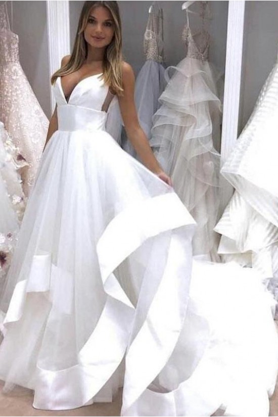 Long White Satin and Tulle Wedding Dresses Bridal Gowns 903107