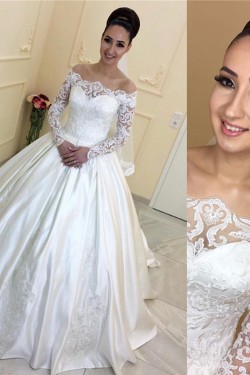 Elegant Satin and Lace Long Sleeves Wedding Dresses Bridal Gowns 903112