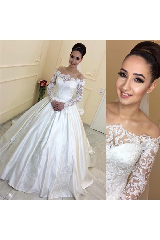 Elegant Satin and Lace Long Sleeves Wedding Dresses Bridal Gowns 903112