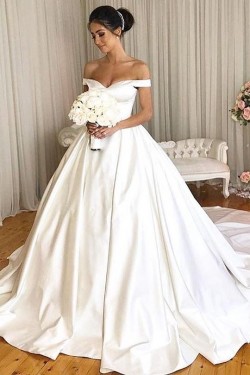 A-Line Off the Shoulder Satin Wedding Dresses Bridal Gowns 903113