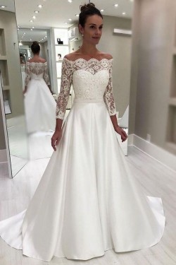 A-Line Lace Off the Shoulder Wedding Dresses Bridal Gowns with Long Sleeves 903114