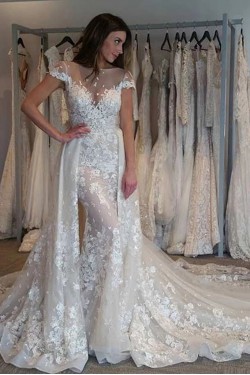 Long Mermaid Cap Sleeves Lace Wedding Dresses Bridal Gowns 903119
