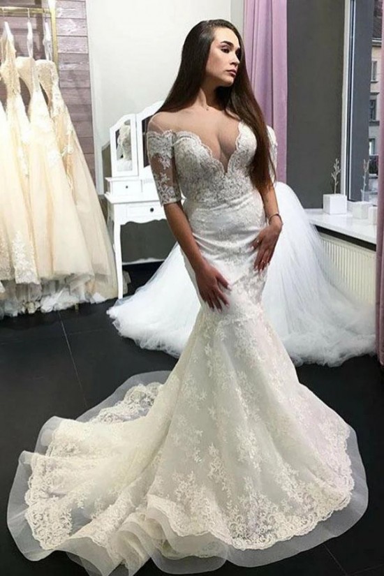 Mermaid Lace Short Sleeves Wedding Dresses Bridal Gowns 903120