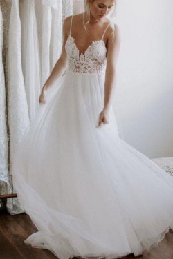 A-Line Halter Lace and Tulle Wedding Dresses Bridal Gowns 903124