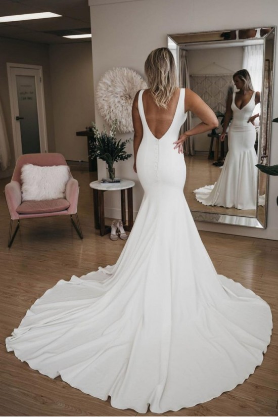 Long White Mermaid V Neck Wedding Dresses Bridal Gowns 903127