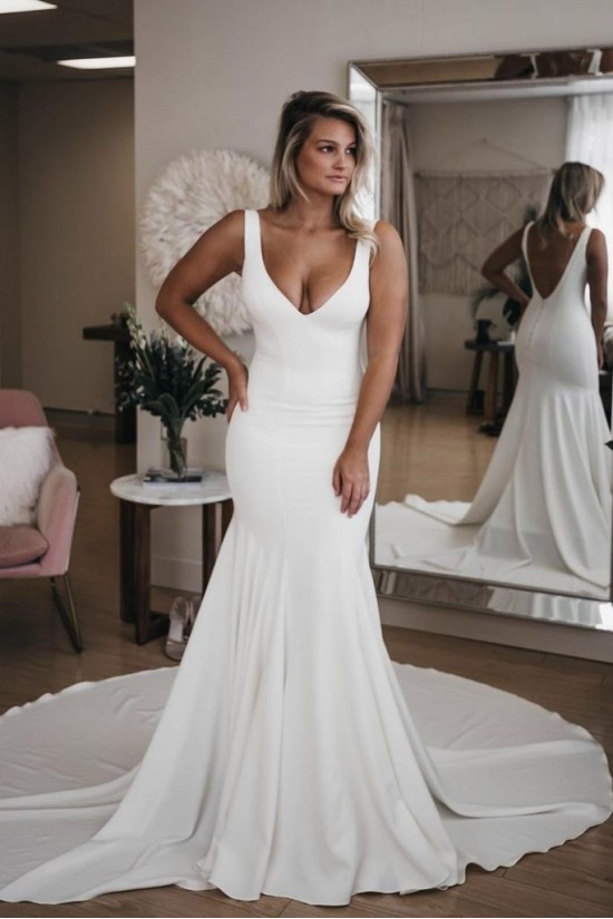 Long White Mermaid V Neck Wedding Dresses Bridal Gowns 903127