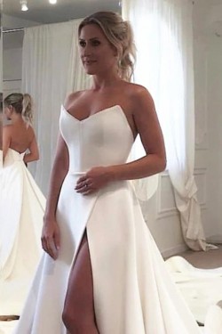 A-Line Long Satin Wedding Dresses Bridal Gowns 903128
