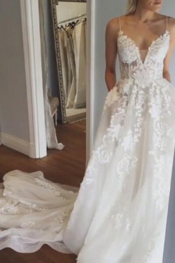 A-Line Spaghetti Straps Lace Wedding Dresses Bridal Gowns 903133