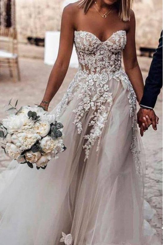A-Line Sweetheart Lace Long Wedding Dresses Bridal Gowns 903134