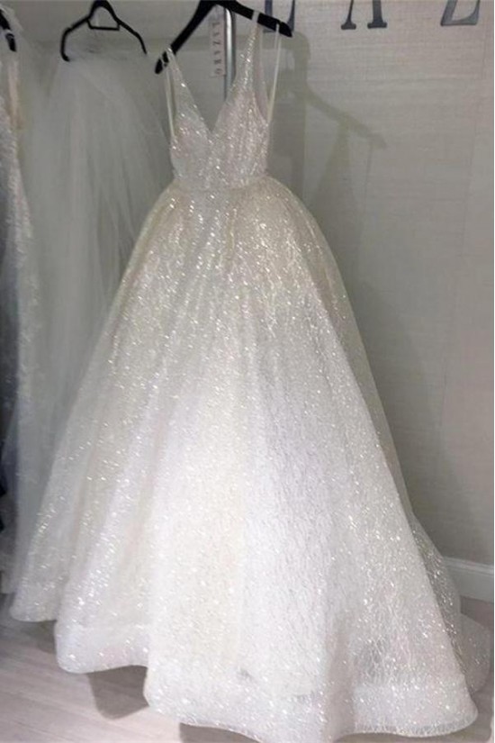 A-Line Sparkle V Neck Wedding Dresses Bridal Gowns 903148