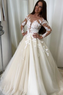 A-Line Long Sleeves Lace Wedding Dresses Bridal Gowns 903151