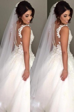 A-Line Lace V Neck Wedding Dresses Bridal Gowns 903153