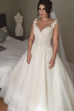 A-Line Lace V Neck Wedding Dresses Bridal Gowns 903153