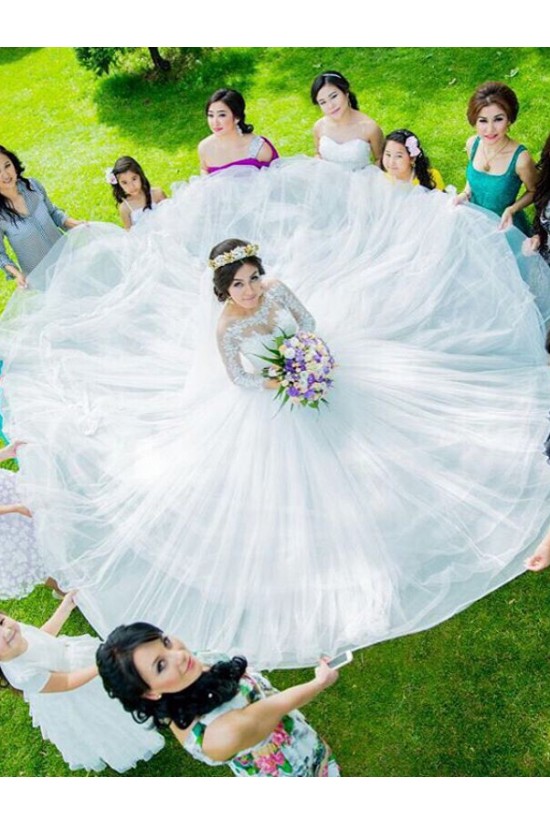 A-Line Lace and Tulle Long Sleeves Wedding Dresses Bridal Gowns 903154