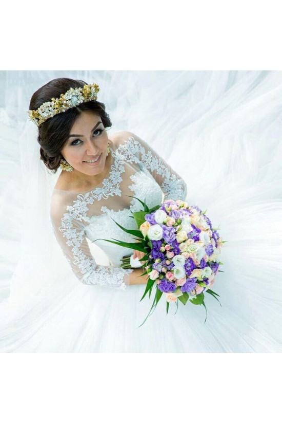A-Line Lace and Tulle Long Sleeves Wedding Dresses Bridal Gowns 903154