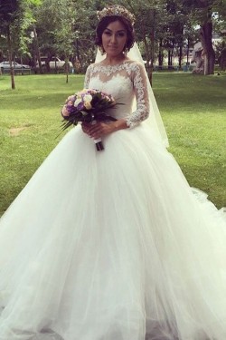 A-Line Lace and Tulle Long Sleeves Wedding Dresses Bridal Gowns 903154