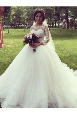 A-Line Lace and Tulle Long Sleeves Wedding Dresses Bridal Gowns 903154