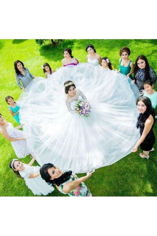 A-Line Lace and Tulle Long Sleeves Wedding Dresses Bridal Gowns 903154