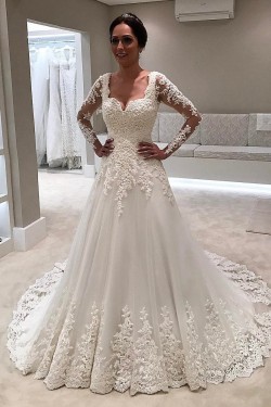 A-Line Long Sleeves Lace Wedding Dresses Bridal Gowns 903160