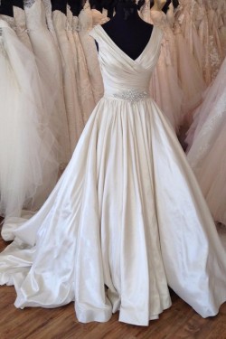 A-Line Long Satin V Neck Wedding Dresses Bridal Gowns 903162
